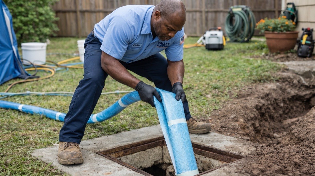 Trenchless sewer line repair equipment set up at a Salt Lake City home with minimal yard disruption